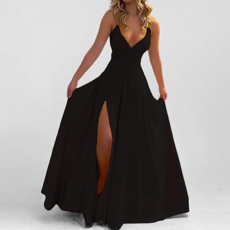 2026 Spring Women's Spaghetti Strap Dress, Solid Color Slit Long Dress - Image 3