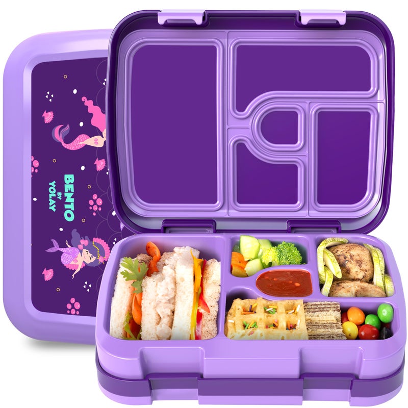 YOLAY Bento Box for Kids Lunch Box LeakProof 5Compartment Lunch Box Kids for Ages 310 Durable with AntiSlip Base Suitable for Schools Outdoor and Travel Mermaid