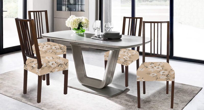 BRIDA Stretchable Floral Geometric Printed Dining Chair Seat Covers Elastic Chair Seat Case Protector, Slipcovers (Biege Flowers, 4 Seat Cover) - Image 3