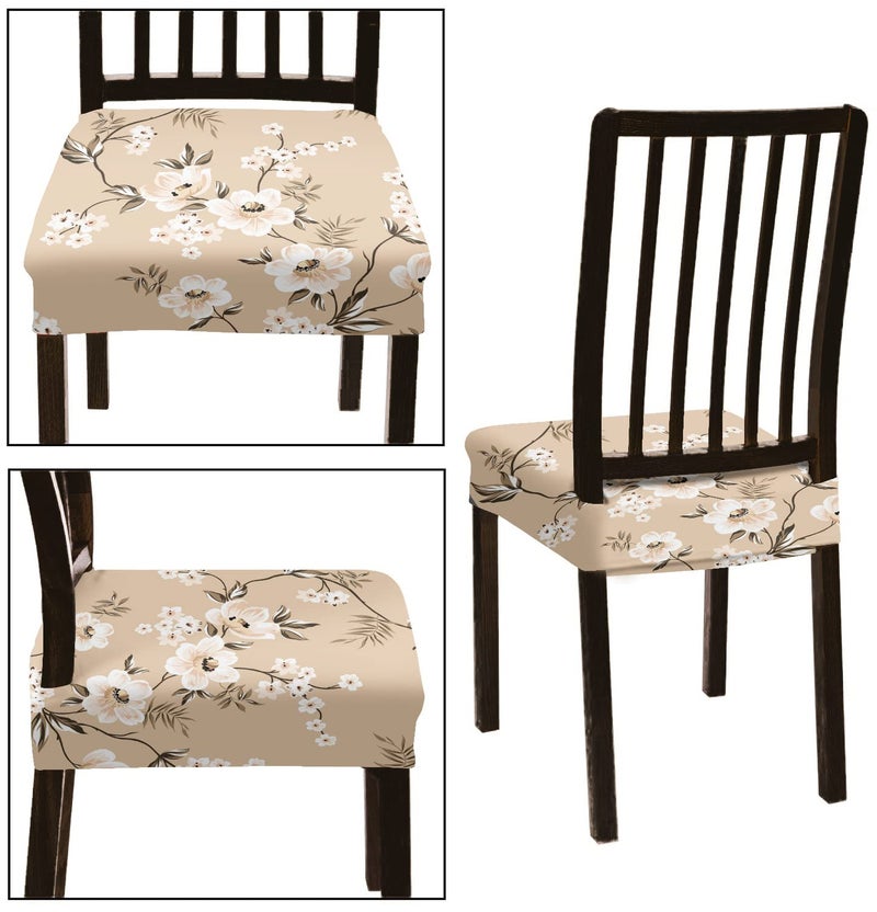 BRIDA Stretchable Floral Geometric Printed Dining Chair Seat Covers Elastic Chair Seat Case Protector, Slipcovers (Biege Flowers, 4 Seat Cover) - Image 2