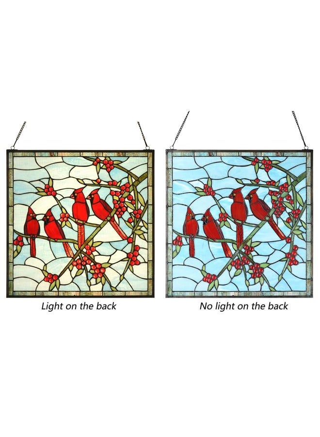 Bieye W10089 Red Cardinals on Holly Branches Tiffany Style Stained Glass Window Panel - 22-inch Square Shape - Image 3