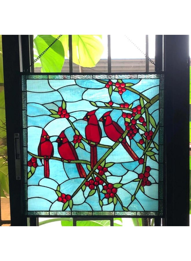 Bieye W10089 Red Cardinals on Holly Branches Tiffany Style Stained Glass Window Panel - 22-inch Square Shape - Image 2