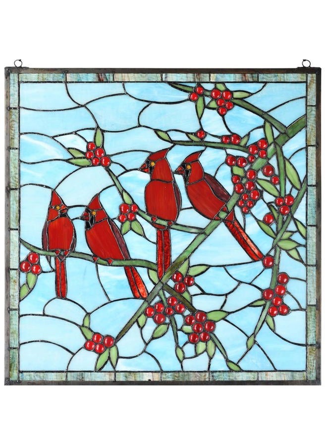 Bieye W10089 Red Cardinals on Holly Branches Tiffany Style Stained Glass Window Panel - 22-inch Square Shape - Image 1