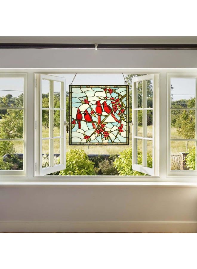 Bieye W10089 Red Cardinals on Holly Branches Tiffany Style Stained Glass Window Panel - 22-inch Square Shape - Image 5