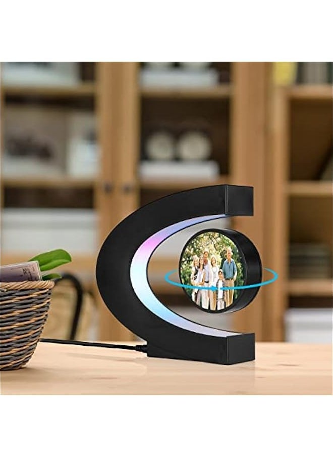 ANKOVO - Levitating Photo Frame with LED Colorful Lights Magnetic Levitation Floating Rotating Picture Frame Display Stand Night Light for Home Office Desk Decoration Wedding Gift, C Shape - Image 1