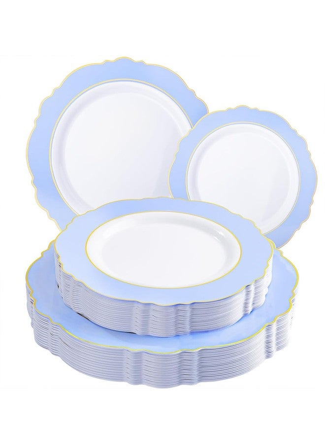 WDF 60pcs Blue Plates Disposable With Gold Rim - Baroque Baby Blue Plastic Party Plates for Wedding/Party/Baby Shower/Spring - Image 1