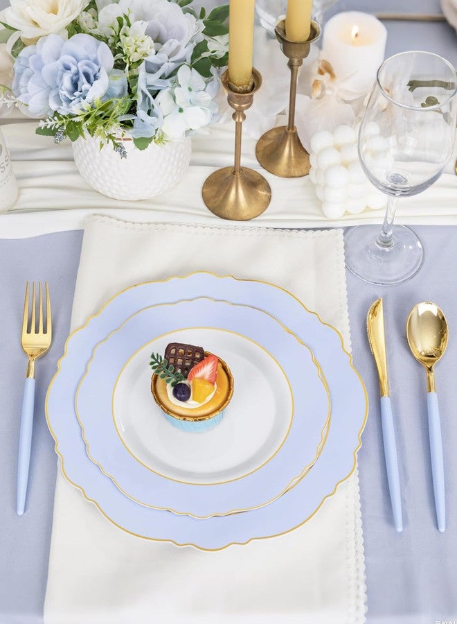 WDF 60pcs Blue Plates Disposable With Gold Rim - Baroque Baby Blue Plastic Party Plates for Wedding/Party/Baby Shower/Spring - Image 4