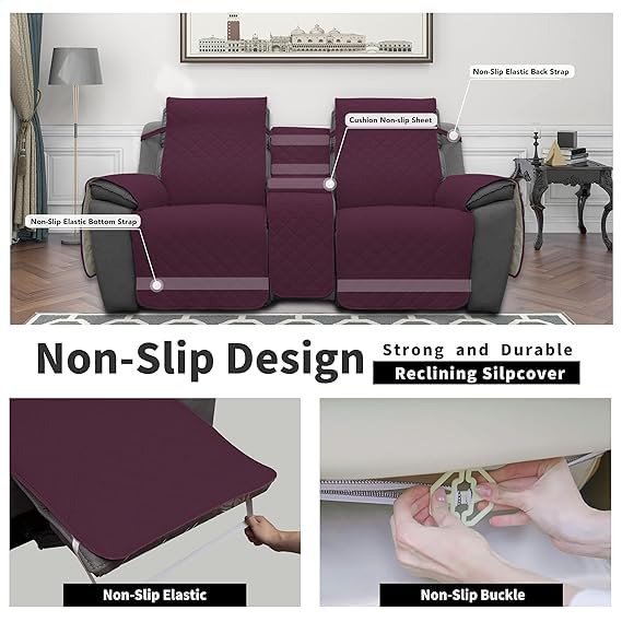 BLESSING PET SUPPLY EasyGoing Loveseat Recliner Cover Reversible Couch Cover for Double Recliner Split Sofa Cover for Each Seat Furniture Protector with Elastic Straps for Kids Dogs Pets 2 Seater Wine - Image 4
