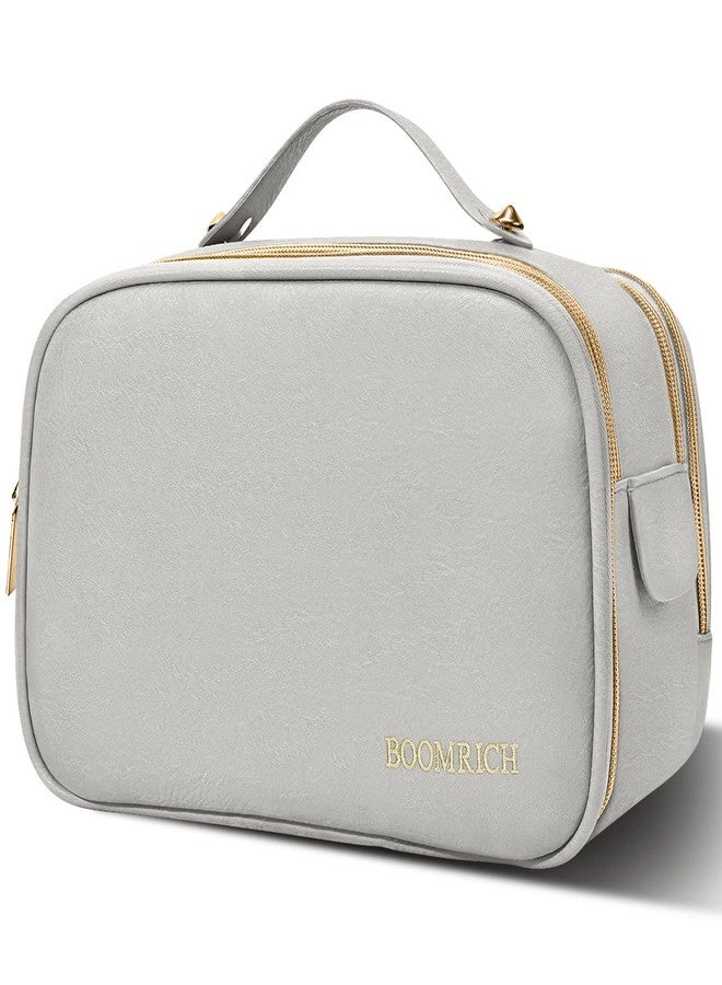 BOOMRICH Large Travel Makeup Bag, Cosmetic Bag, Toiletry Bag for Women, Water-Resistant Leather Toiletry Organizer, Dopp Kit for Toiletries Accessories, Blue Grey - Image 1