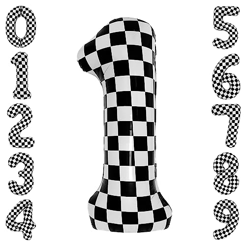 cocodino 40 Inch Checkered 1 Balloon Large Black and White Number Balloon for Fast One Race Car Birthday Party Supplies Number 1 Checkered Balloon - Image 1