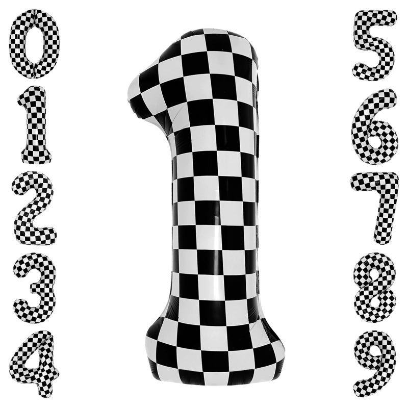 cocodino 40 Inch Checkered 1 Balloon Large Black and White Number Balloon for Fast One Race Car Birthday Party Supplies Number 1 Checkered Balloon - Image 2