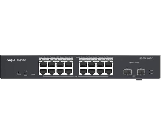 Ruijie RG-ES218GC-P Reyee, 18-Port Gigabit Smart POE Switch, 16 Gigabit RJ45 Ports including 16 POE/POE+ Ports, 2 SFP Slots, 240W PoE power budget,13-inch Rack-mountable Steel Case - Image 2