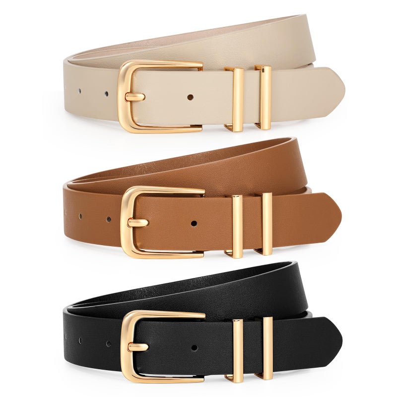 LEACOOLKEY 3 Pack Women's Leather Belts for Jeans Dress Pants Fashion Ladies Leather Belts with Gold Buckle - Image 1