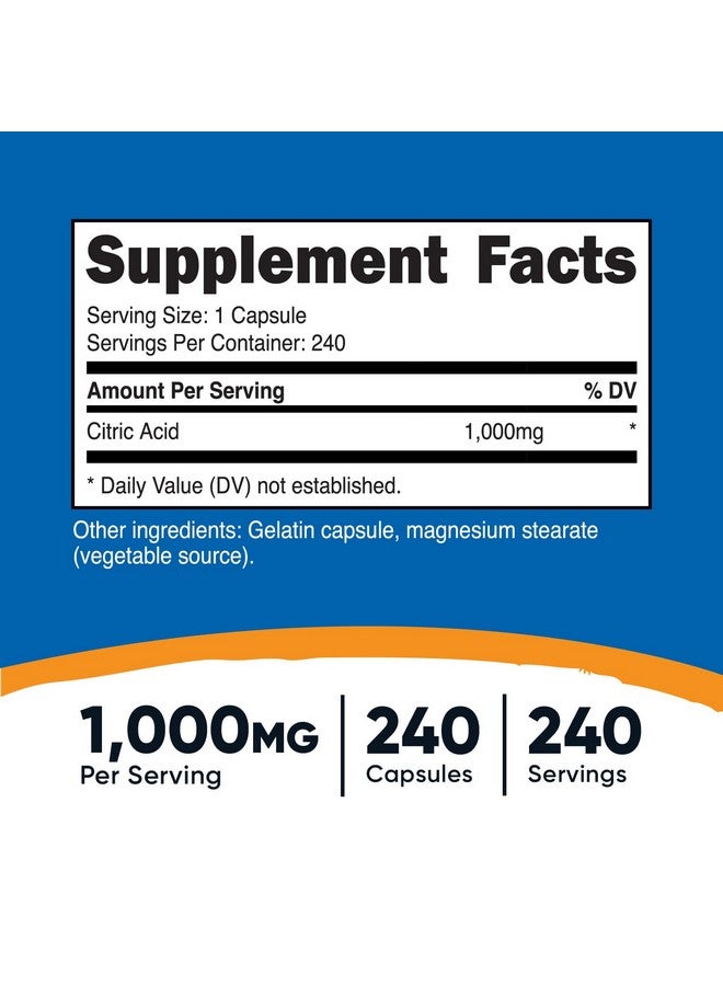 Nutricost Citric Acid 1000mg (1 gram), 240 Capsules - Gluten Free, Non-GMO - Image 2