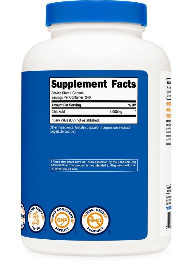 Nutricost Citric Acid 1000mg (1 gram), 240 Capsules - Gluten Free, Non-GMO - Image 5
