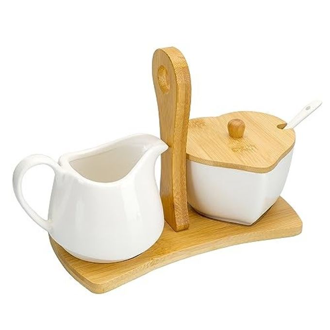 PTSGCAI Creamer And Sugar With Carry Tray Set, Ceramic Cream And Sugar Bowl Set With Spoon & Lid, Vintage Cream Pitcher Sugar Jar With Tray, Creamer Dispenser Sugar Holder Container, Coffee Serving Set - Image 4