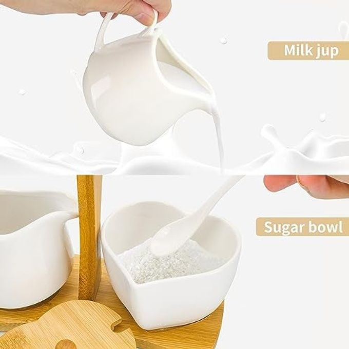 PTSGCAI Creamer And Sugar With Carry Tray Set, Ceramic Cream And Sugar Bowl Set With Spoon & Lid, Vintage Cream Pitcher Sugar Jar With Tray, Creamer Dispenser Sugar Holder Container, Coffee Serving Set - Image 3
