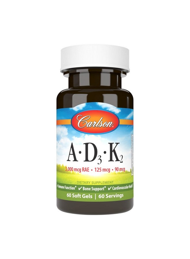 Carlson - Vitamins A, D3, K2, 3000 mcg RAE Vitamin A, 125 mcg Vitamin D3, 90 mcg Vitamin K2 as MK-7, Bone Building, Calcium Utilization, 60 Soft Gels - Image 1