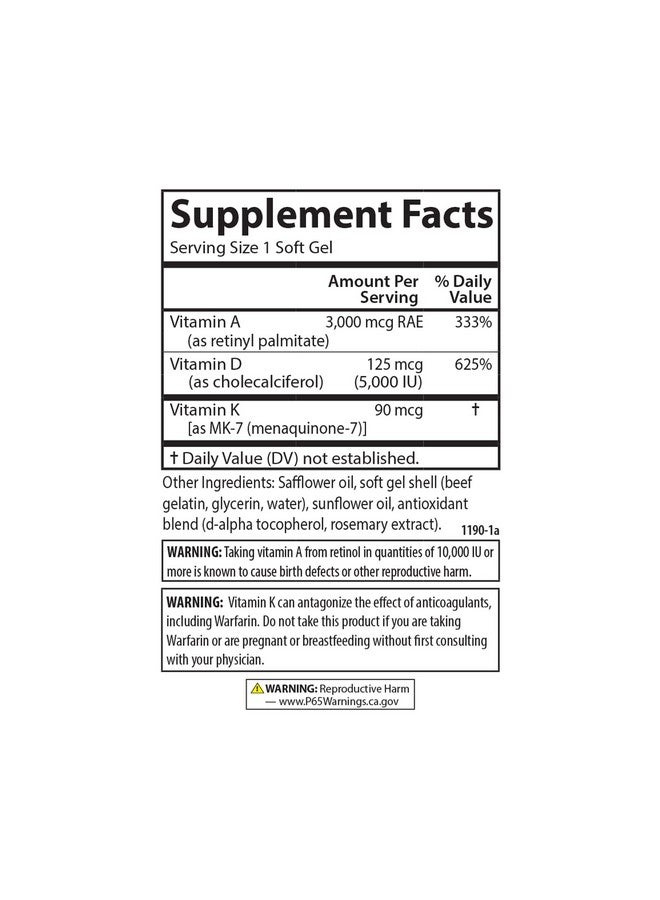 Carlson - Vitamins A, D3, K2, 3000 mcg RAE Vitamin A, 125 mcg Vitamin D3, 90 mcg Vitamin K2 as MK-7, Bone Building, Calcium Utilization, 60 Soft Gels - Image 4