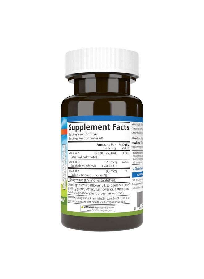 Carlson - Vitamins A, D3, K2, 3000 mcg RAE Vitamin A, 125 mcg Vitamin D3, 90 mcg Vitamin K2 as MK-7, Bone Building, Calcium Utilization, 60 Soft Gels - Image 2