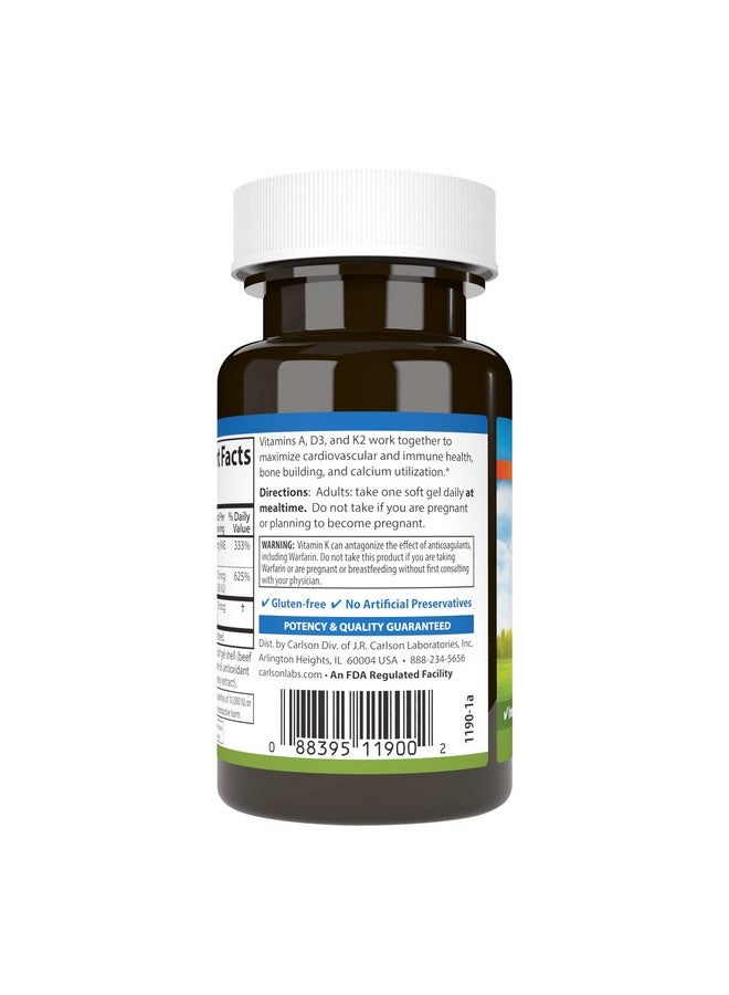 Carlson - Vitamins A, D3, K2, 3000 mcg RAE Vitamin A, 125 mcg Vitamin D3, 90 mcg Vitamin K2 as MK-7, Bone Building, Calcium Utilization, 60 Soft Gels - Image 3