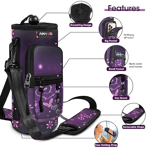 ARTSO Water Bottle Carrier Bag Sling Holder Pouch 25oz 32oz 40oz 64oz Insulated Water Bottle Sleeve Case Cover with Adjustable Shoulder Hand Strap Pocket for Men Women Purple Heart Butterfly - Image 3
