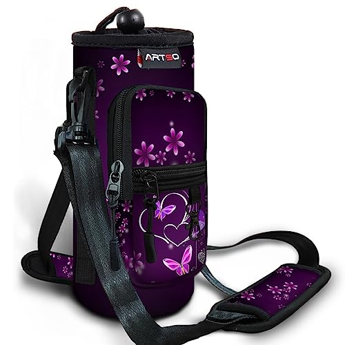 ARTSO Water Bottle Carrier Bag Sling Holder Pouch 25oz 32oz 40oz 64oz Insulated Water Bottle Sleeve Case Cover with Adjustable Shoulder Hand Strap Pocket for Men Women Purple Heart Butterfly - Image 1