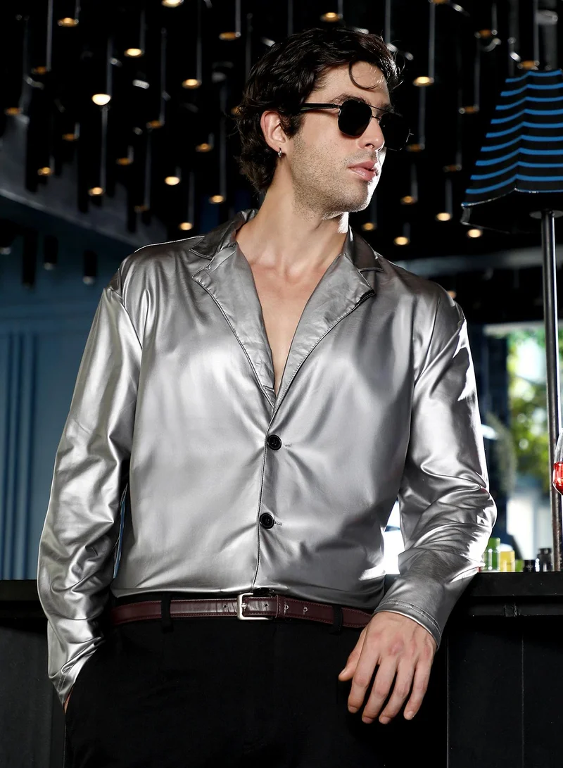 Men's Chalice Silver Single-Breasted Sheen Shirt