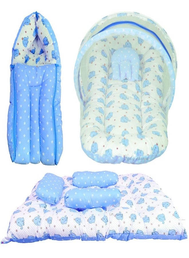 Infans Mini New Born Baby Bedding Set Premium Cotton|Baby Carry Bed|Mosquito Net Bed|Baby Sleeping Bed for 4-8 Months Babies(Mega)|Unisex 3 Pcs Portable Bedding Set |(Elephant Blue) - Image 1