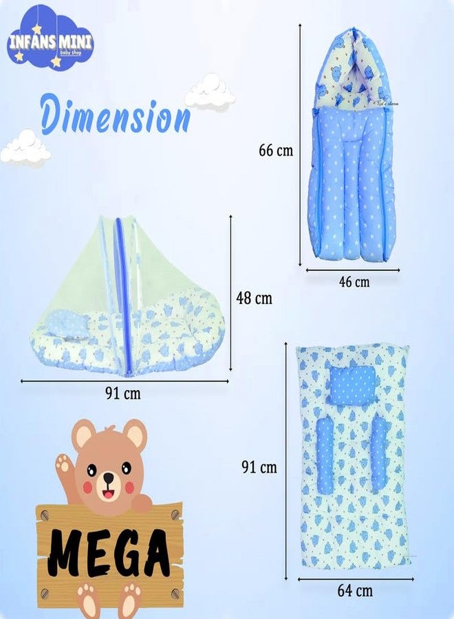 Infans Mini New Born Baby Bedding Set Premium Cotton|Baby Carry Bed|Mosquito Net Bed|Baby Sleeping Bed for 4-8 Months Babies(Mega)|Unisex 3 Pcs Portable Bedding Set |(Elephant Blue) - Image 4