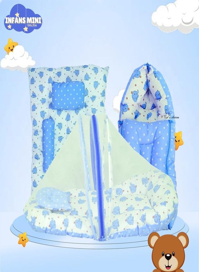 Infans Mini New Born Baby Bedding Set Premium Cotton|Baby Carry Bed|Mosquito Net Bed|Baby Sleeping Bed for 4-8 Months Babies(Mega)|Unisex 3 Pcs Portable Bedding Set |(Elephant Blue) - Image 5