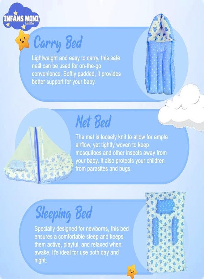 Infans Mini New Born Baby Bedding Set Premium Cotton|Baby Carry Bed|Mosquito Net Bed|Baby Sleeping Bed for 4-8 Months Babies(Mega)|Unisex 3 Pcs Portable Bedding Set |(Elephant Blue) - Image 2
