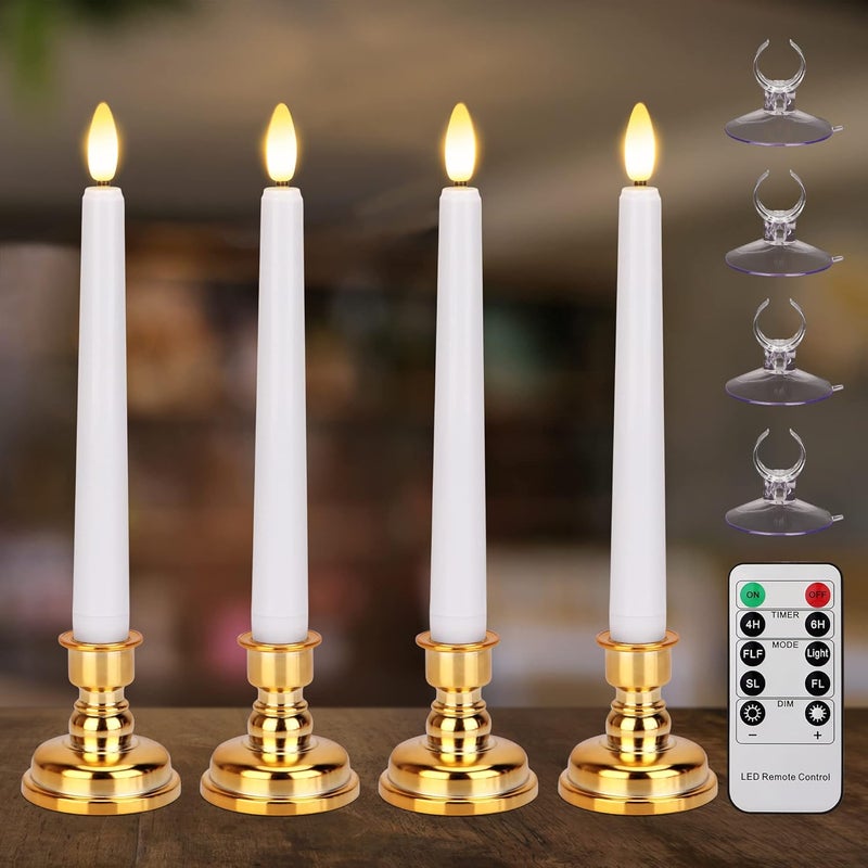 FPOO Flameless Taper Candles Flickering with Remote Timer, 4PCS Battery Operated Window Candles with Gold Candlesticks and Suction Cups, 8 Inch Warm White 3D Flame Candle for Home, Xmas Decor(White) - Image 1