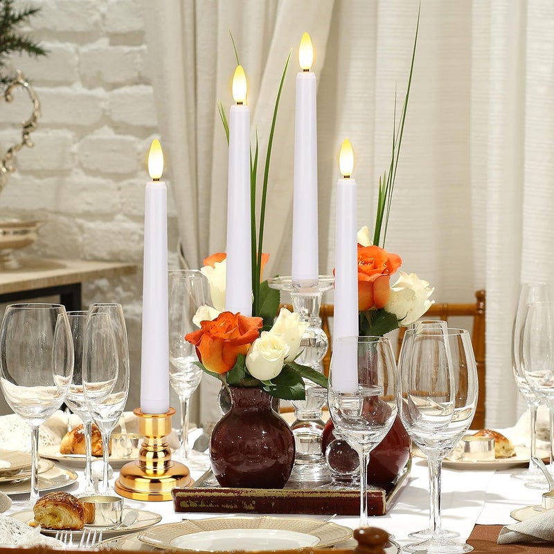 FPOO Flameless Taper Candles Flickering with Remote Timer, 4PCS Battery Operated Window Candles with Gold Candlesticks and Suction Cups, 8 Inch Warm White 3D Flame Candle for Home, Xmas Decor(White) - Image 2