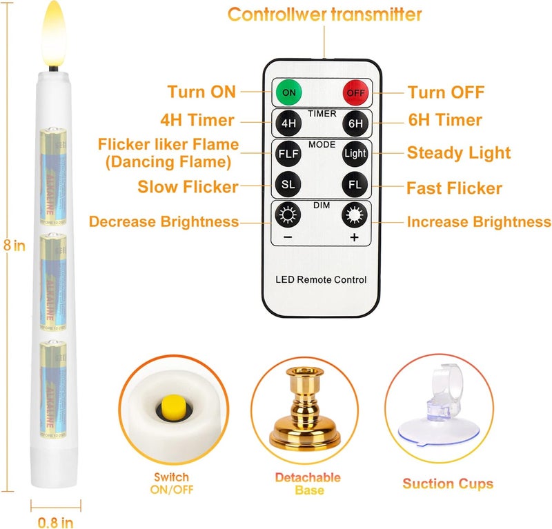 FPOO Flameless Taper Candles Flickering with Remote Timer, 4PCS Battery Operated Window Candles with Gold Candlesticks and Suction Cups, 8 Inch Warm White 3D Flame Candle for Home, Xmas Decor(White) - Image 4