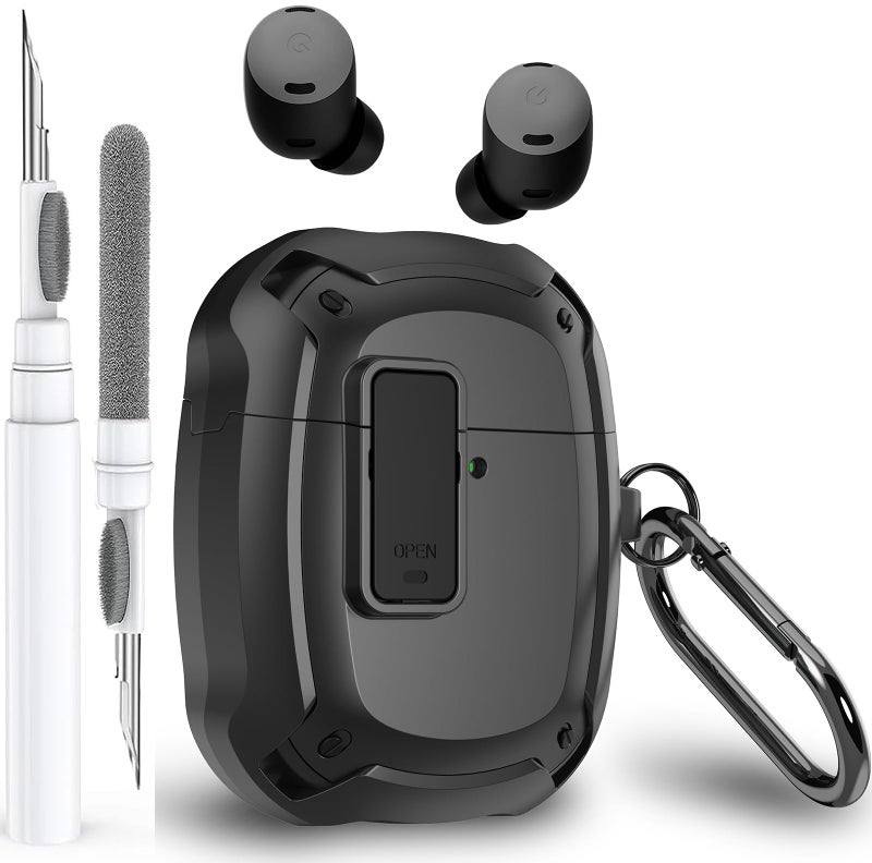 Olytop أوليتوب لغلاف حماية Google Pixel Buds Pro/Pro 2 مع مشبك قفل وقلم تنظيف 2022/2024، غلاف صلب مقاوم للصدمات مع كارابينر للرجال والنساء - أسود - Image 1