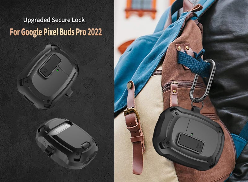 Olytop أوليتوب لغلاف حماية Google Pixel Buds Pro/Pro 2 مع مشبك قفل وقلم تنظيف 2022/2024، غلاف صلب مقاوم للصدمات مع كارابينر للرجال والنساء - أسود - Image 5