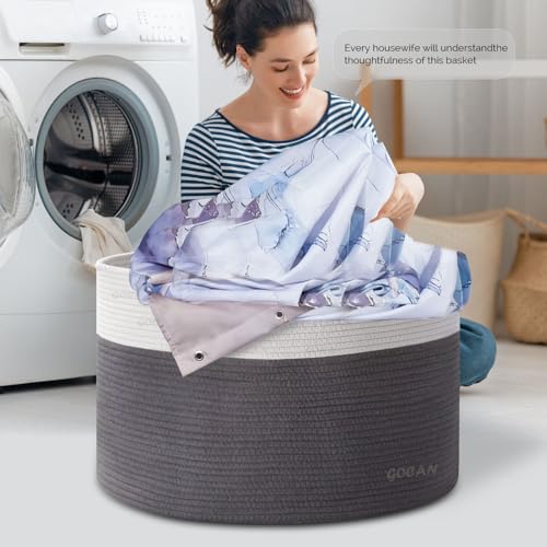 GOCAN Extra Large Laundry Basket toy storage 22"X22"X14" blanket basket Cotton Rope Woven Baskets with Handles for Living Room (Grey/Beige) XXXL - Image 4
