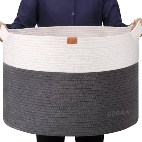 GOCAN Extra Large Laundry Basket toy storage 22"X22"X14" blanket basket Cotton Rope Woven Baskets with Handles for Living Room (Grey/Beige) XXXL - Image 1
