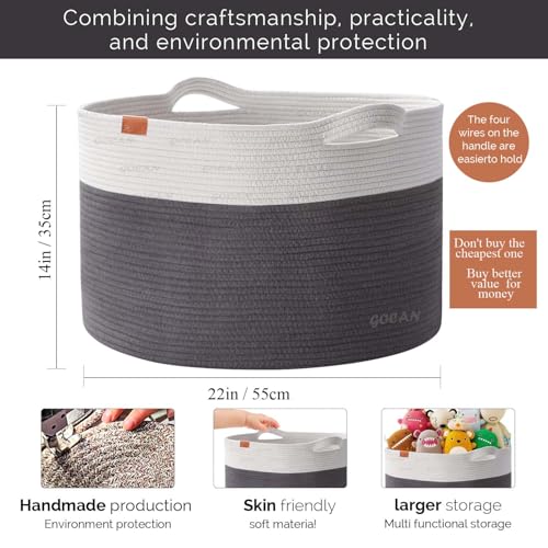 GOCAN Extra Large Laundry Basket toy storage 22"X22"X14" blanket basket Cotton Rope Woven Baskets with Handles for Living Room (Grey/Beige) XXXL - Image 3