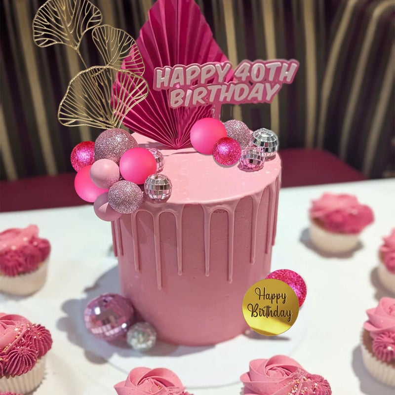 LEFUBABY Hot Pink Gold Balls Cake Toppers Balls Birthday Cake Decorations for Birthday Boho Wedding Baby Shower Party Decoration (Hot Pink) - Image 5