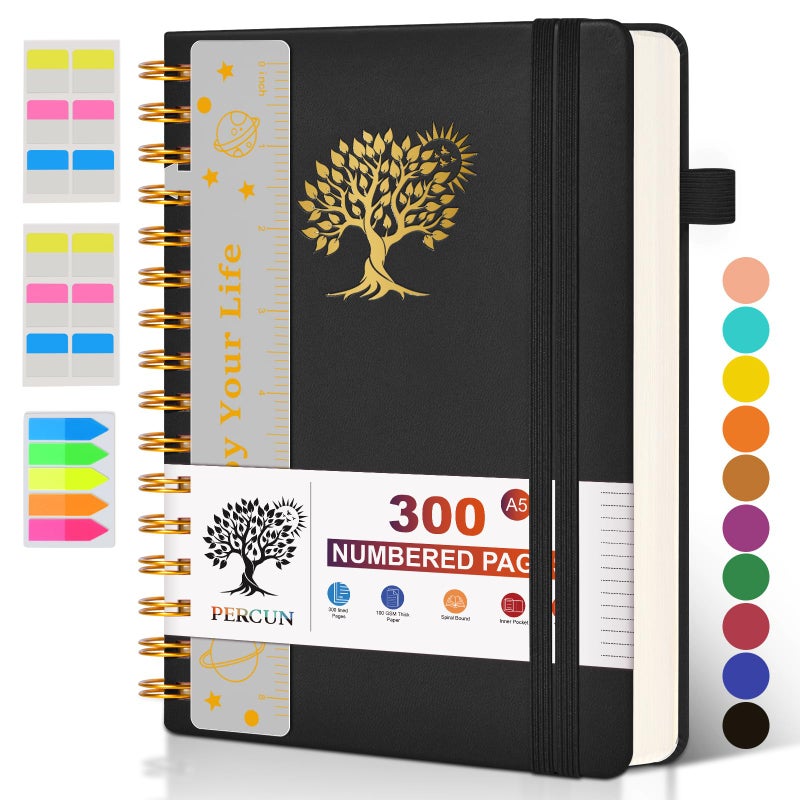 PERCUN Spiral Notebook Journal for Women Men, 300 Numbered Lined Pages, College Ruled, A5 Hardcover Spiral Bound Notebook for School, Work, Note Taking Writing, Leather Spiral Journal Medium 5.9"x8.5" - Image 1