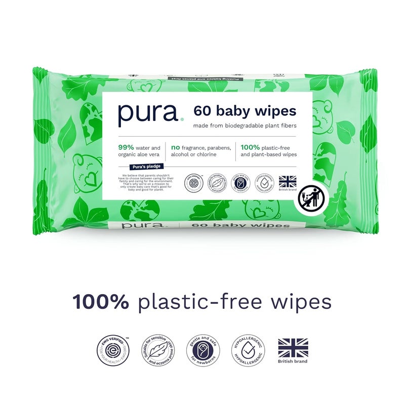Pura Natural Sensitive Baby Wipes 99 Water Unscented  Hypoallergenic Suitable for Sensitive  Eczemaprone Skin Hypoallergenic EWG Verified 10 Pack of 60 Wet Wipes 600 Diaper Wipes Bulk Buy - Image 4
