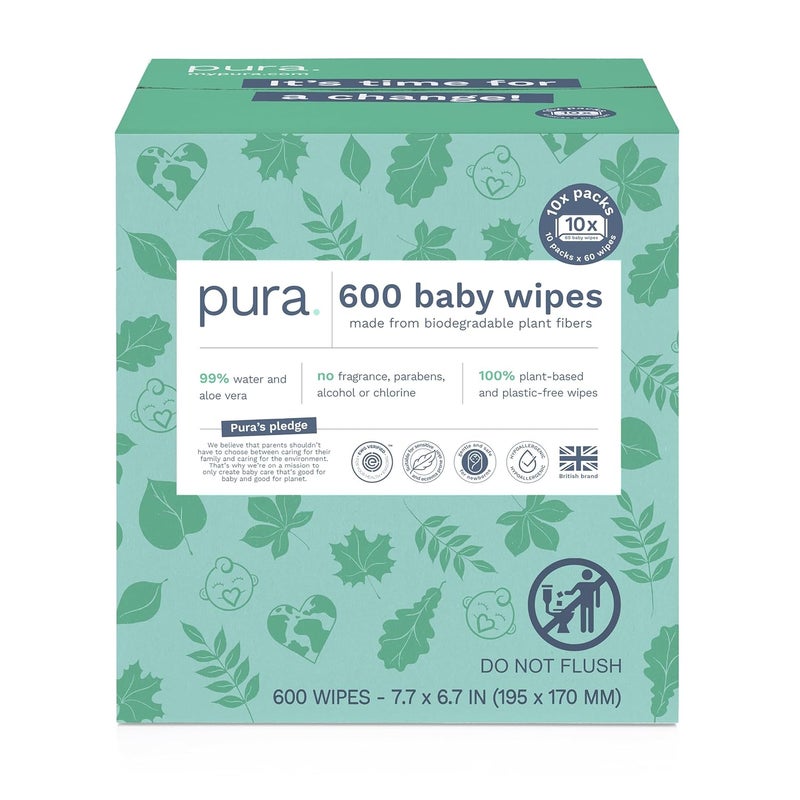 Pura Natural Sensitive Baby Wipes 99 Water Unscented  Hypoallergenic Suitable for Sensitive  Eczemaprone Skin Hypoallergenic EWG Verified 10 Pack of 60 Wet Wipes 600 Diaper Wipes Bulk Buy - Image 1