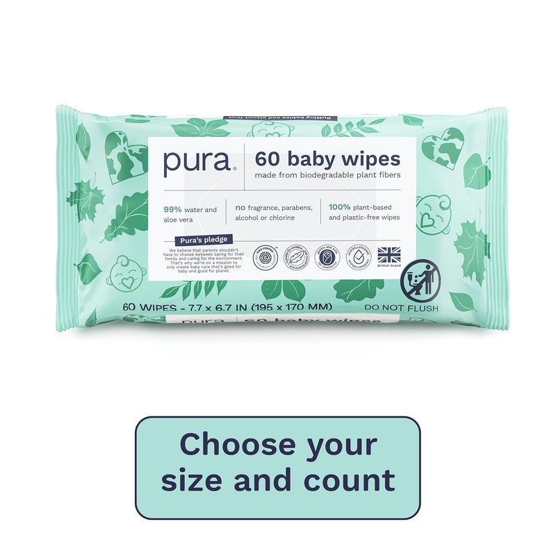 Pura Natural Sensitive Baby Wipes 99 Water Unscented  Hypoallergenic Suitable for Sensitive  Eczemaprone Skin Hypoallergenic EWG Verified 10 Pack of 60 Wet Wipes 600 Diaper Wipes Bulk Buy - Image 2