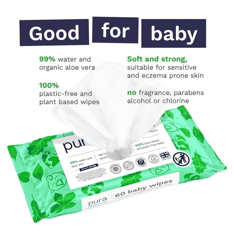Pura Natural Sensitive Baby Wipes 99 Water Unscented  Hypoallergenic Suitable for Sensitive  Eczemaprone Skin Hypoallergenic EWG Verified 10 Pack of 60 Wet Wipes 600 Diaper Wipes Bulk Buy - Image 5