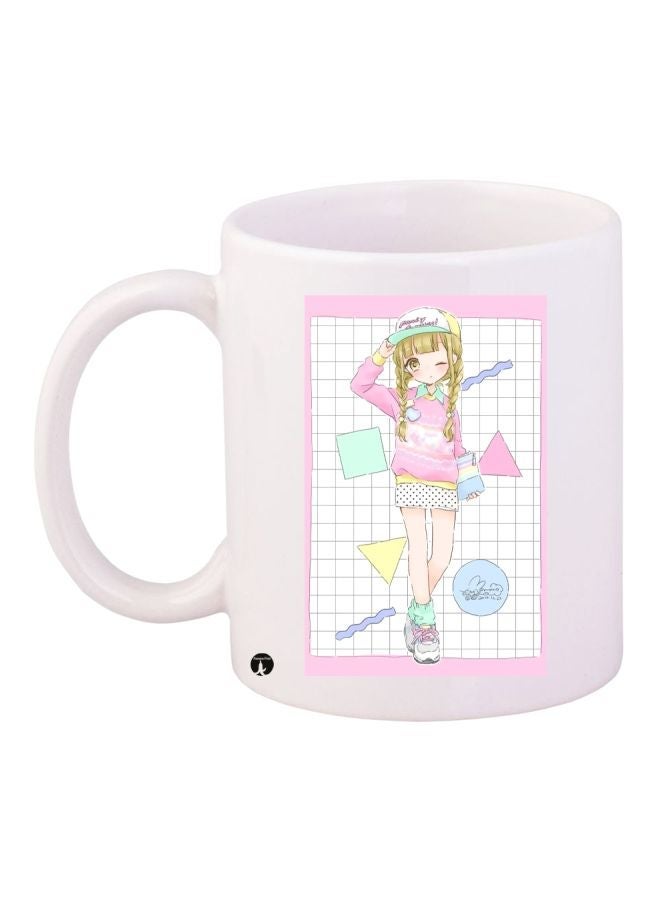 RYN Cartoon Printed Coffee Mug White/Pink/Beige 11ounce
