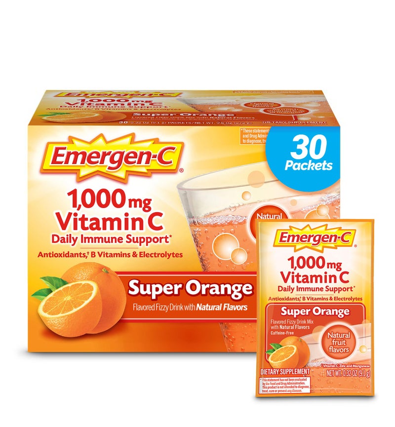 EmergenC 1000mg Vitamin C Powder for Daily Immune Support Caffeine Free Vitamin C Supplements with Zinc and Manganese B Vitamins and Electrolytes Super Orange Flavor 30 Count