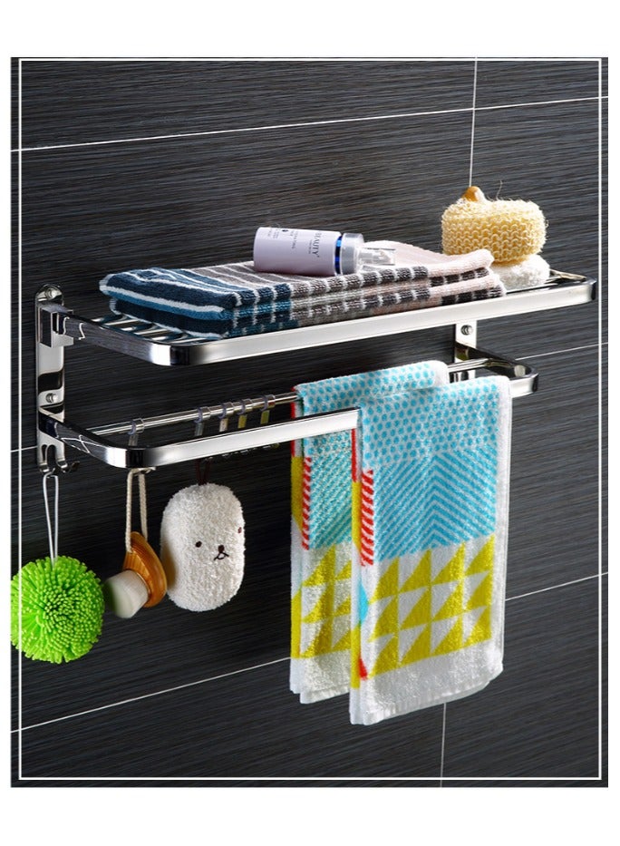 Bathroom Towel Rack, Towel Shelf with Two-Tier Architecture, Folding Towel Bars Wall Mount Holder, 5 Removable Hooks and Adjustable Towel Bar, Toilet Bathroom Bath Towel Cleaning Tools Holder  - Image 1