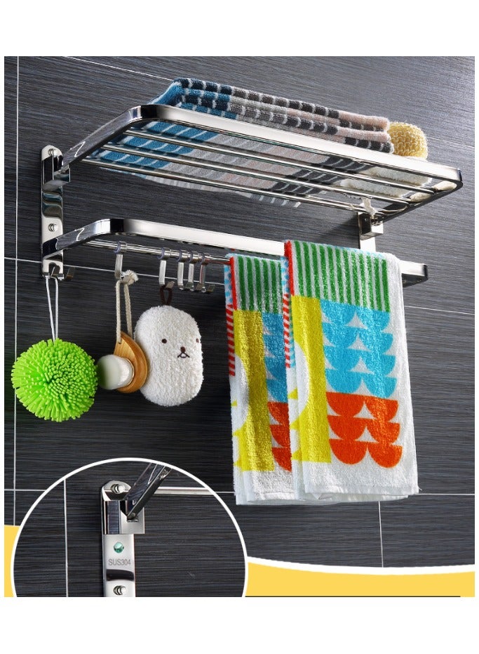 Bathroom Towel Rack, Towel Shelf with Two-Tier Architecture, Folding Towel Bars Wall Mount Holder, 5 Removable Hooks and Adjustable Towel Bar, Toilet Bathroom Bath Towel Cleaning Tools Holder  - Image 2